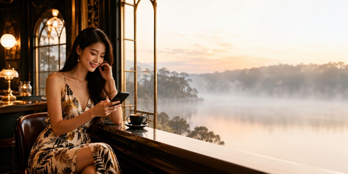 Người dùng Đà Lạt chơi casino trực tuyến trên điện thoại mobile bên ly cà phê