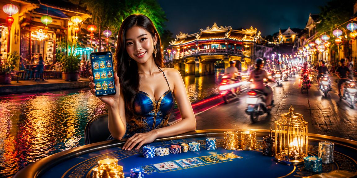 Người dùng tra cứu kèo bóng đá trên điện thoại tại khu phố cổ Hội An về đêm